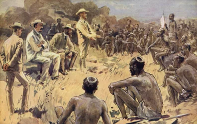 Cecil Rhodes in consiglio con i capi Matabele